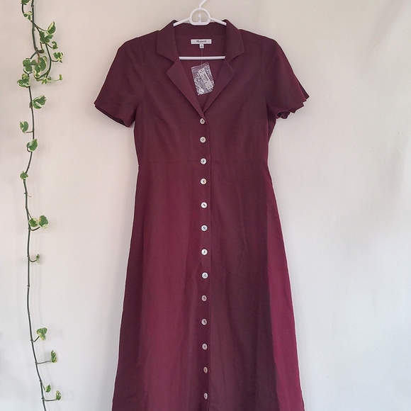 NWT Madewell | Crinkle Cotton Button-Front Midi Dress in Burgundy Size 0 - Picture 8 of 11